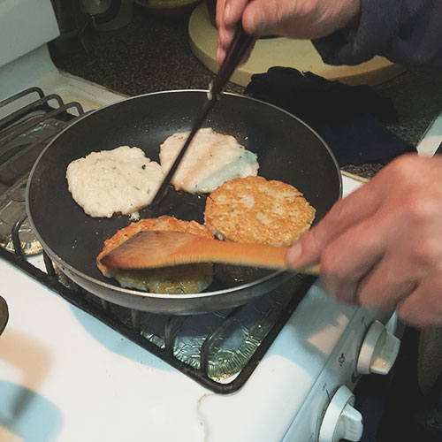 image four: turning over lotus root and fish patties